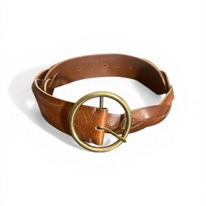 Sundance Braided Brown Leather Belt with Round Brass Buckle 36-38 L Boho
